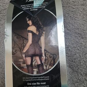 Black Lace Off-Shoulder Garter Dress with Stockings